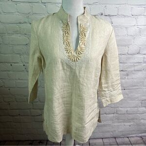 KATE HILL Linen Tan Tunic Top Medium Petite